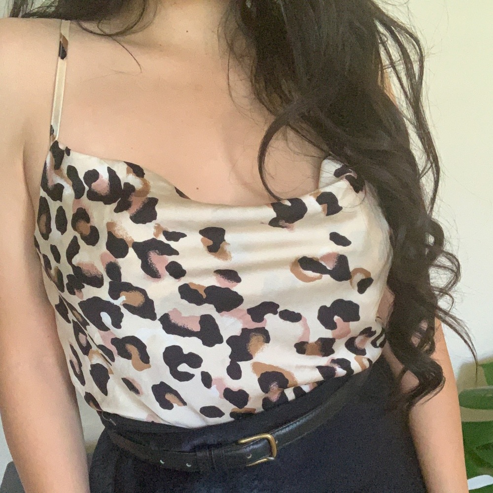 Cowl neck top, spaghetti straps leopard print.